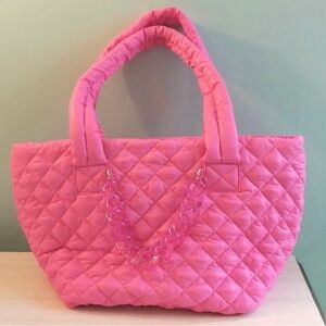 Mz Wallace Inspired Elegant Pink Quilted Tote with Chain Detail